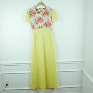 Vintage S M Dress 70s Maxi Butter Yellow Prairie Cottagecore Modest Floral Hippy